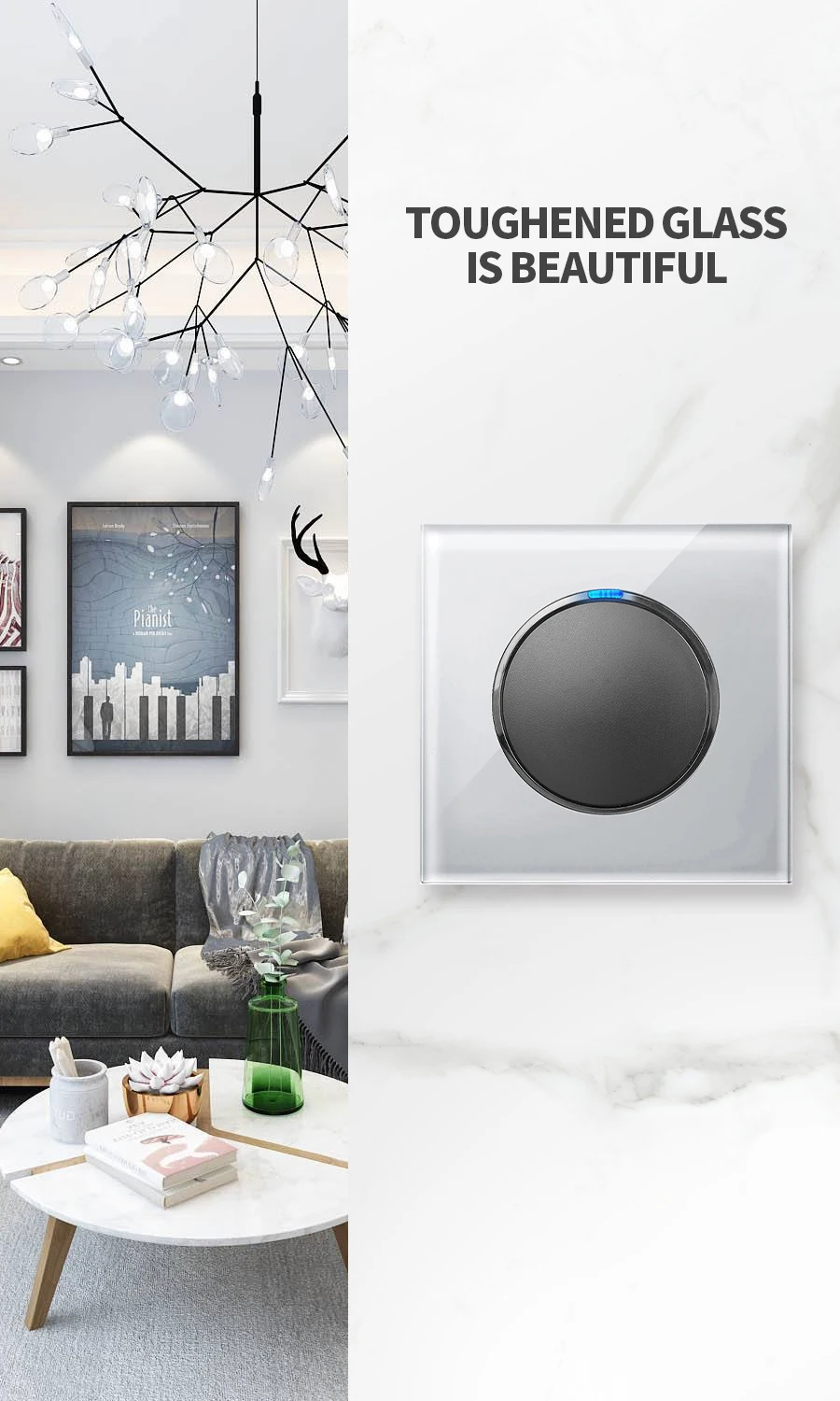 KAMANNI Frameless Grey Glass Panel Luxury Wall Rocker Light Button Switch Socket Led Indicator 2 Gang Controls 1/2Way New Design