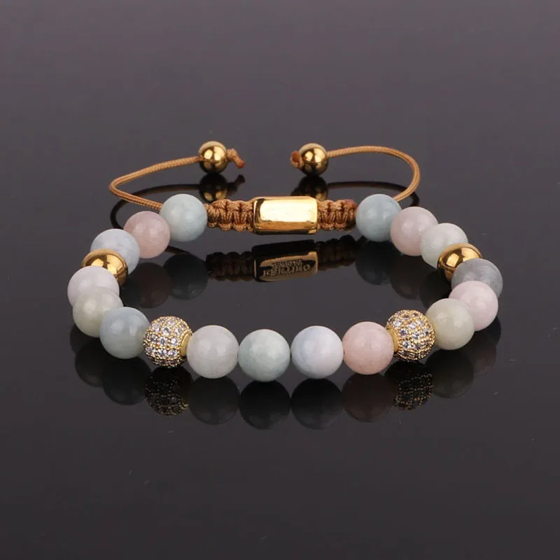 New design natural stone 8mm morgan beads CZ ball friendship women jewelry adjustable bracelet