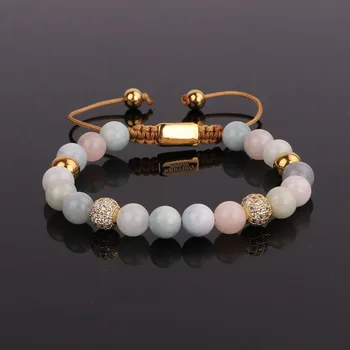 New design natural stone 8mm morgan beads CZ ball friendship women jewelry adjustable bracelet