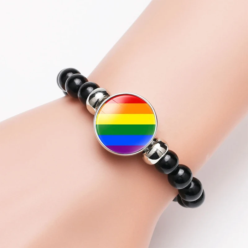 LGBT Gay Pride Bracelets Rainbow Flag Beads Bracelet June Pride LGBT GAY Couple Bracelet Snap Holder Cabochon Jewelry