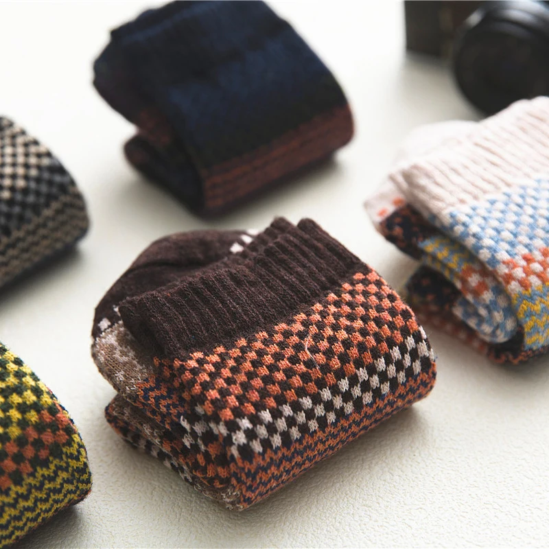 5HSS Brand Business Man Wool 5 Pairs / Lot Thicken Men's Socks Cotton Warm Retro National Style Small Square For Snow_voghion.com