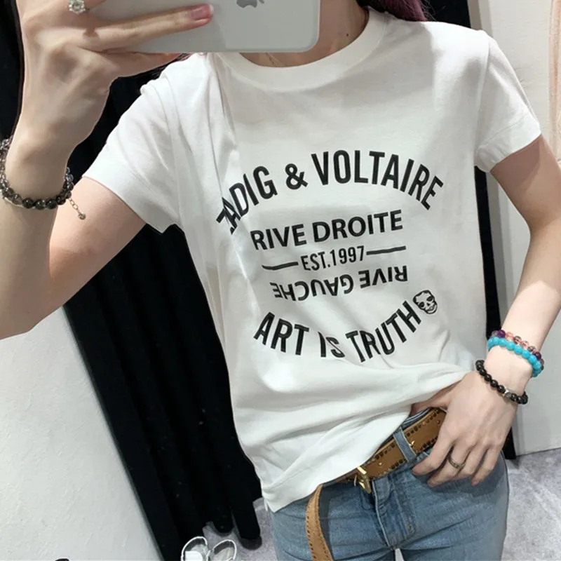 Camiseta de algodón blanca para mujer, Tops holgados con letras estampadas de manga corta con cuello redondo, Tops de primavera y verano 2021