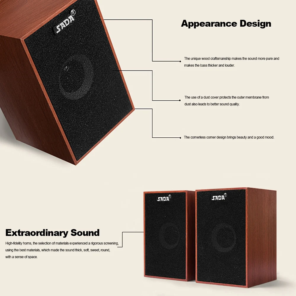 SADA V-160 USB Проводные колонки компьютерный деревянный сабвуфер колонки с 3,5 мм стерео для ПК настольный ноутбук музыкальный плеер