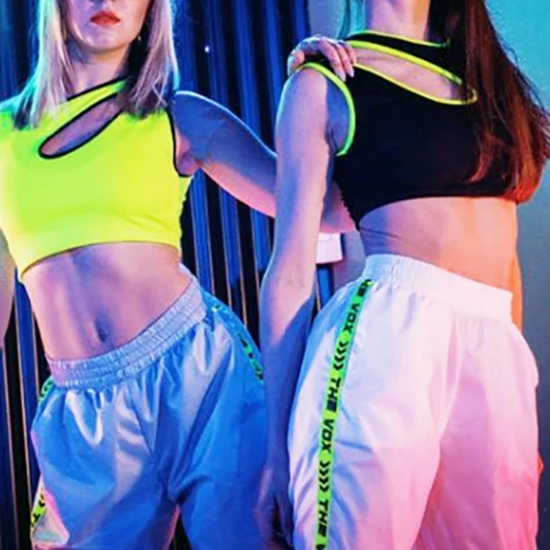 

2019 Irregular Collar Sleeveless Tank Tops Women Solid Color Hollow Top Fluorescent Tops Summer Streetwear Stitching Short Vest