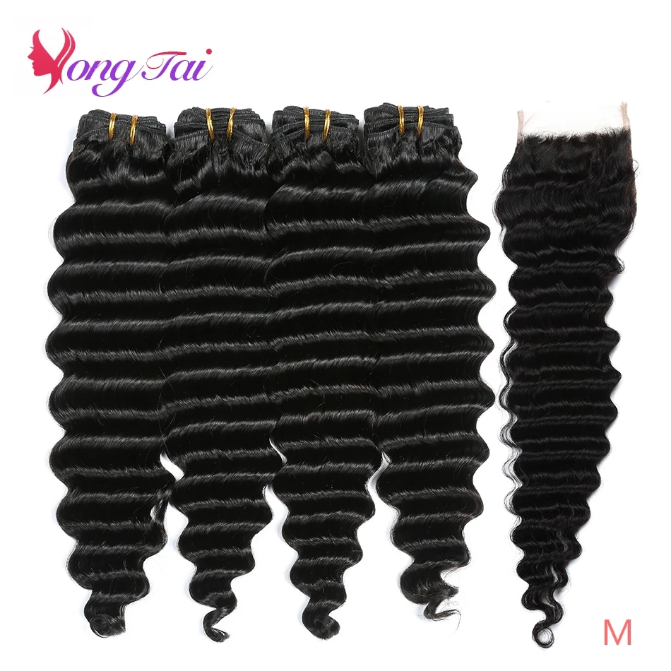

YuYongtai Brazilian Deep Wave Human Hair Extension 4 Bundles With 4x4 Lace Closure Non-Remy Medium Ratio Natural Black