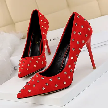 

Women Fashion Pointed Toe Rivet High Heel Pumps Sexy Slip On Sexy Stiletto Party Wedding Red Shoes Plus Size 34-43