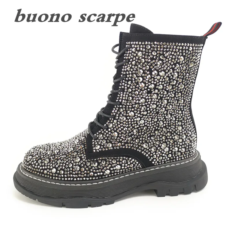 

2019 autumn and winter leather rhinestone Martin thick bottom wild European cargo motorcycle boots booties