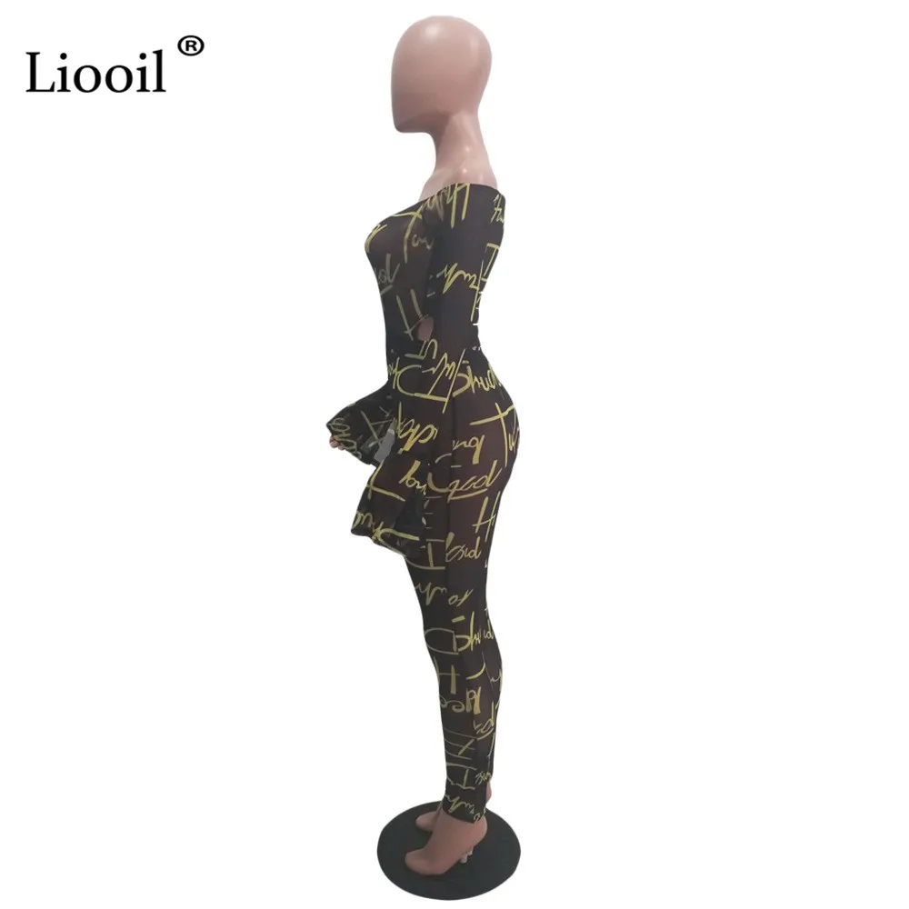 Liooil женские сексуальные плотные комбинезоны со змеиным принтом и буквенным принтом, с сеткой,, с расклешенными рукавами, с открытыми плечами, с вырезами, вечерние клубный комбинезон