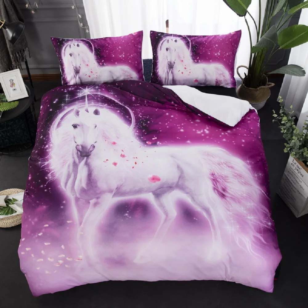 

3D Print Galaxy Unicorn Purple Bedding Set Floral Design Cartoon Unicorn Duvet Cover Set Bed Linen Set for Kids Home Textiles