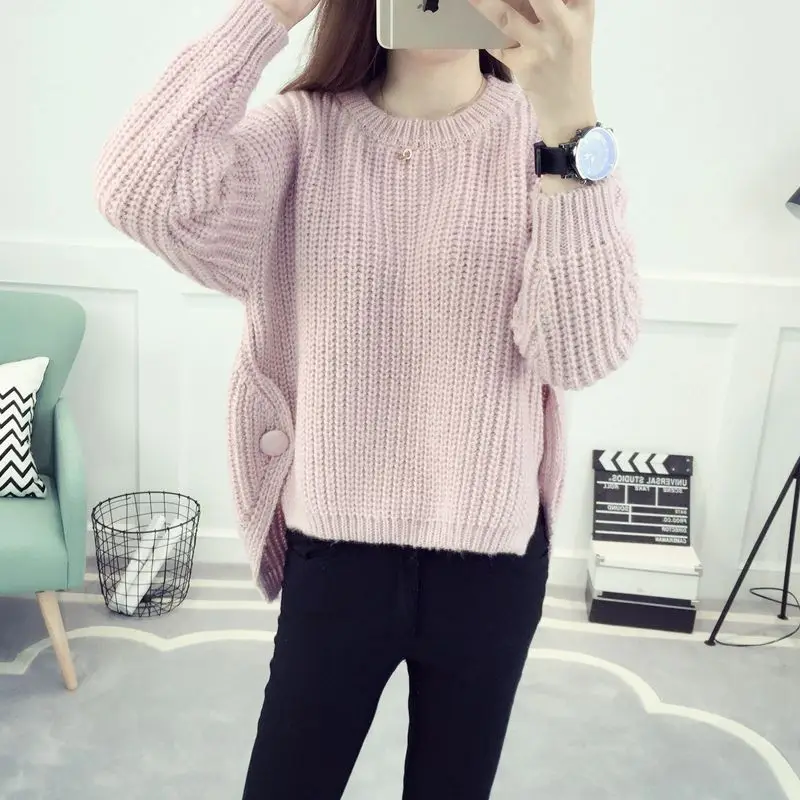 

2019 Warm knitted plus size sweater women autumn winter new style loose Solid decorative Button oversized Long Sleeve pullover