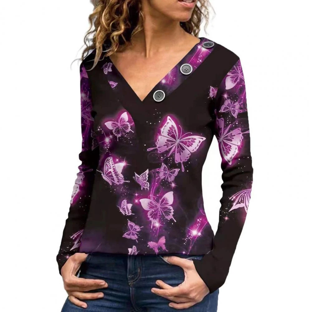 Blusa de manga larga de las mujeres mariposas otoño estampado con cuello con y botones túnica parte de arriba ropa informal|Camisa| AliExpress