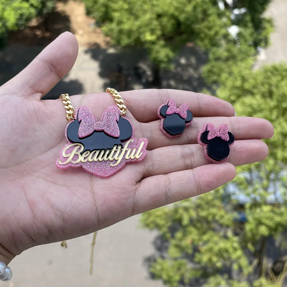 New Custom Nameplate Necklace Personality Acrylic Children's Cartoon Name Necklace Earring Set custom logo acrylic keychain name cartoon pendant photo flash transparent charm printing personality holographic key chains