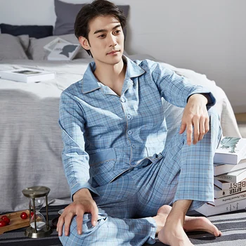 

Mens Sleepwear 100% Cotton Pajama Winter pijama hombre Mens Nightgown 2 Pieces Plaid Sleepwear Sleep&Lounge Pyjamas Plus Size