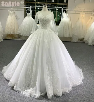 شراءSoAyle عالية الجودة الكرة ثوب الزفاف طويلة الأكمام بريق الدانتيل الخرز فساتين الزفاف لبنان Vestido De Novia