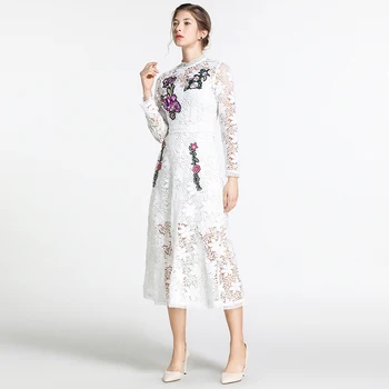 

Spring Flower Embroidery White Lace Dress Ropa De Mujer 2020 Women Midi Party Runway Gothic Dress Vestidos De Festa K6906