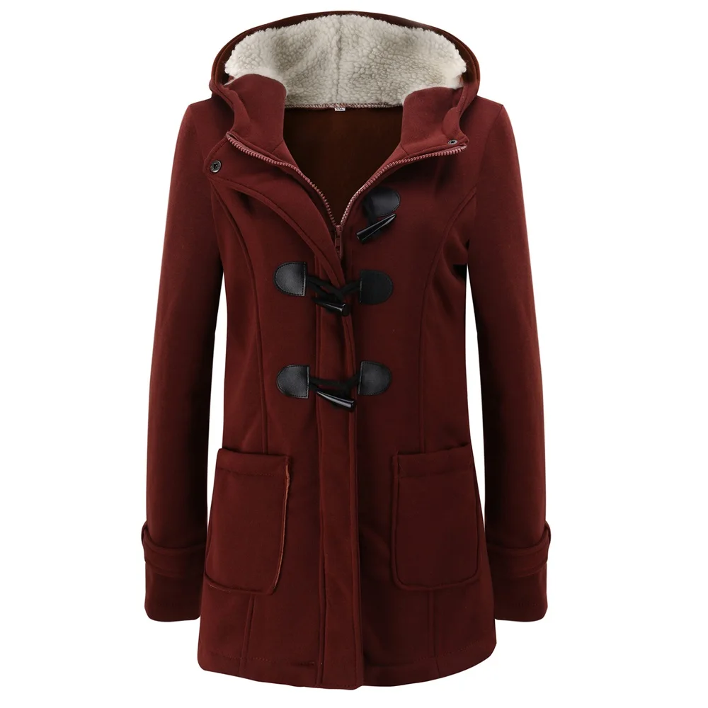 Женские пальто с капюшоном размера плюс 5XL Куртки классические с роговыми пряжками пальто на молнии уличная Дамская Повседневная дикая однотонная тонкая Длинная Верхняя одежда - Цвет: Red wine