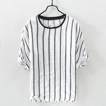 

2020 new men's Linen stripe five sleeve shirt casual thin linen medium sleeve top Youth Fashion Tops