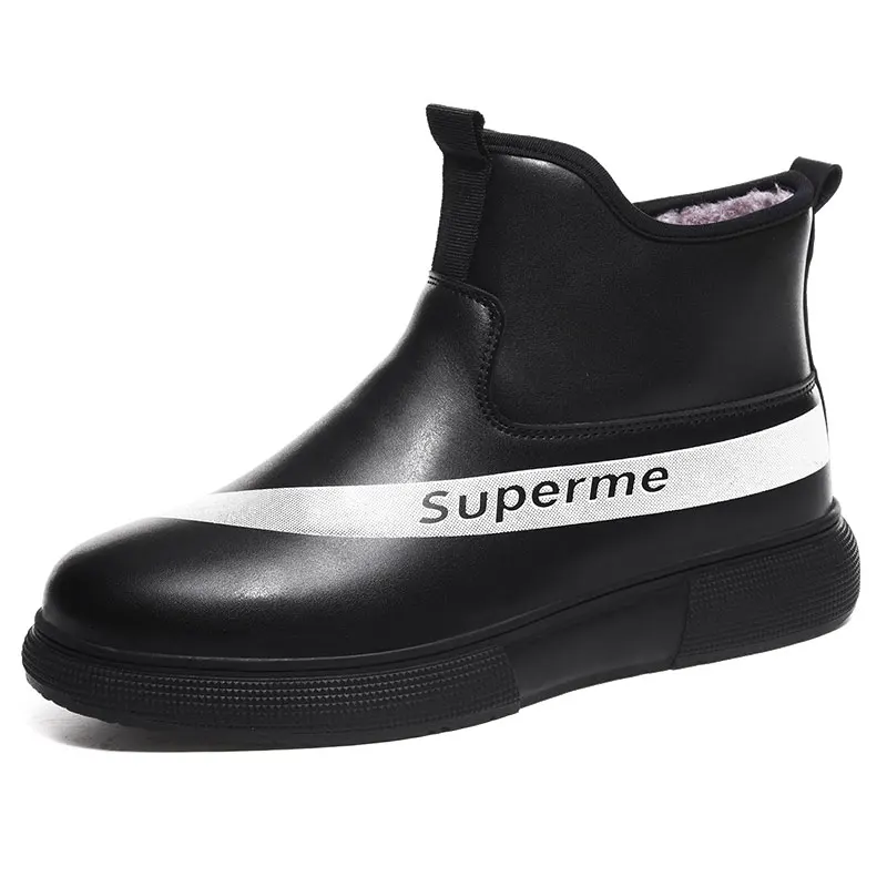 Men Boots Waterproof Leather Snow Boot Men Shoes High Quality Vintage British Warm Fur Boots Autumn Winter Men Casual Ankle Boot - Color: fur black white