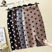 Осенне-зимняя трикотажная юбка в горошек для женщин, тянущаяся юбка с высокой талией, мягкая трикотажная облегающая Длинная женская юбка