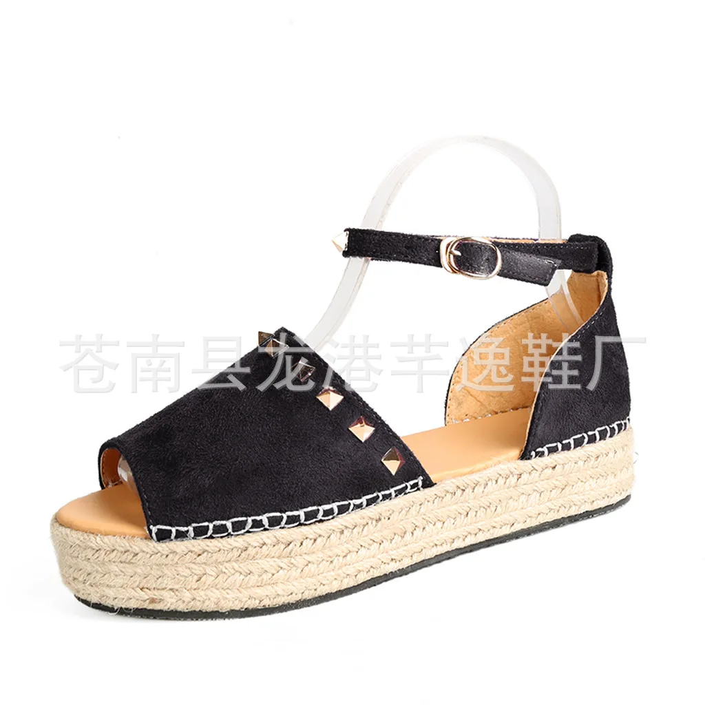 

Wedges Leisure Med Gladiator Sandals Women Flock Metal Decoration Rome Sandals Buckle Strap Cover Heel Peep Toe Bohemian Shoes