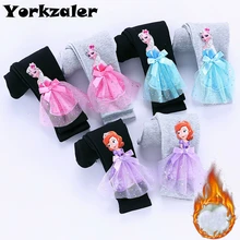 Jargazol/флисовые зимние ледяные гетры для девочек, кружевные, с аппликацией Эльзы, с вышивкой, Осенние милые плотные штаны для подростков детские брюки