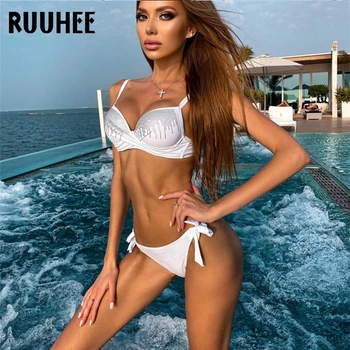 

RUUHEE 2020 Bikini Push Up Swimsuit Women Swimwear Sexy Low Waist Bikini Set Lace Up Solid Bathing Suit Female Beachwear Biquini