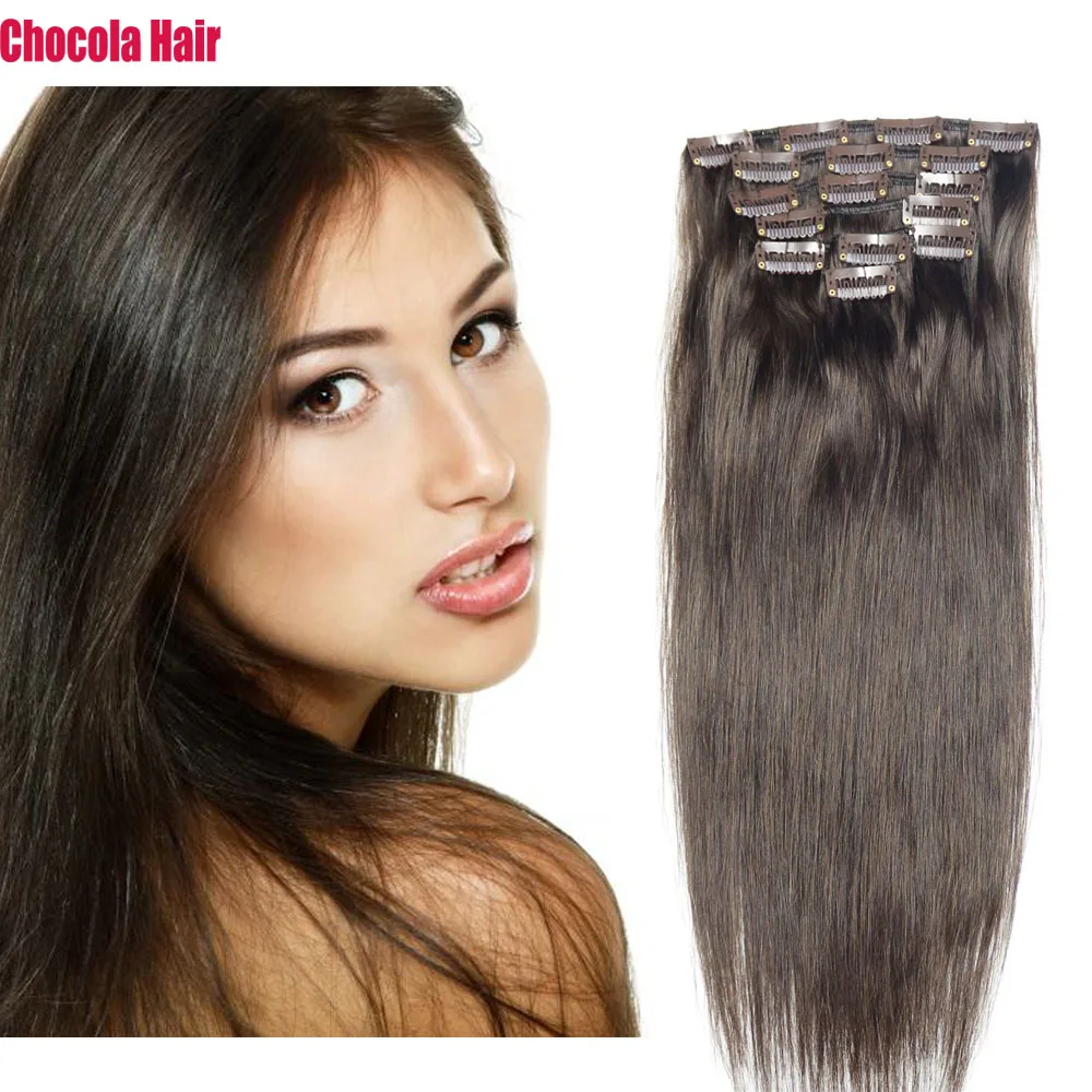 

Chocola Full Head 16"-28" 7pcs Set 100g-140g Brazilian Machine Made Remy Hair Clip In Human Hair Extensions Natural Straight