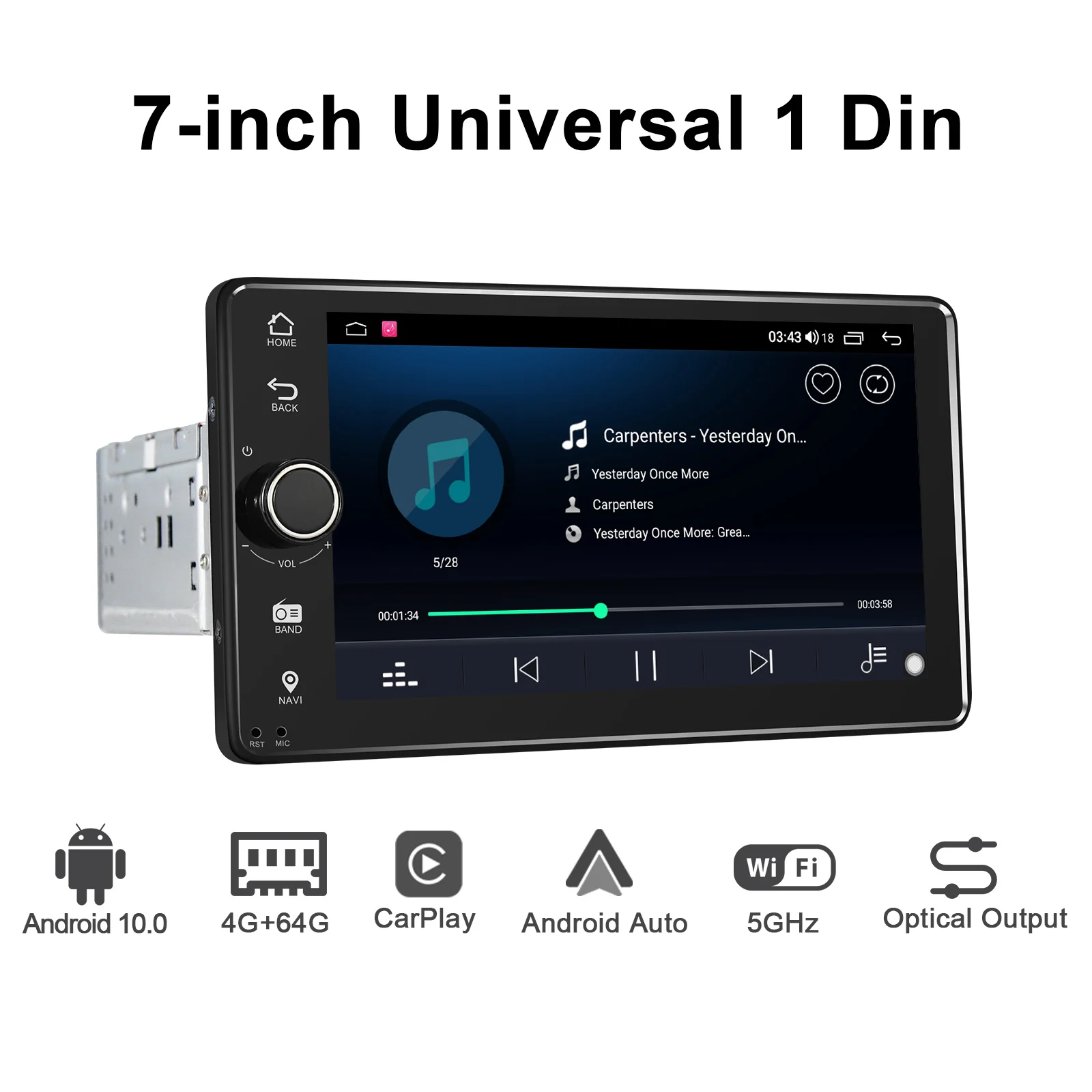 JOYING single din Android 10.0 7 inch universal head unit car radio 4GB RAM+64GB ROM autoradio RDS FM support Carplay/4G/BT/WIFI