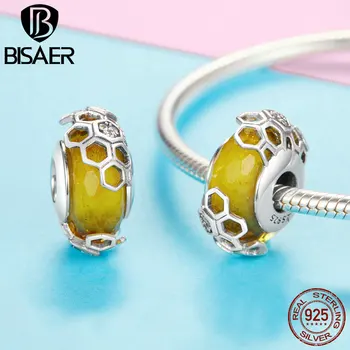 

BISAER 925 Sterling Silver Honeycomb Bee Yellow Murao Beads for Original 925 Charm Bracelet Women Bijoux Fashion Jewelry GXC1073