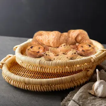 

Rattan Bread Storage Basket With Handles Cracker Fruit Food Tray Woven Tea Trays For Serving Dinner Parties Coffee Breakfast