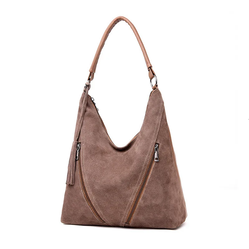 khaki VM FASHION KISS Женская замшевая кожаная сумка на плечо, женская сумка для отдыха с кисточкой через плечо, дамская сумочка Хобо, сумка-мессенджер, сумки с верхней ручкой, кошелек - Цвет: khaki