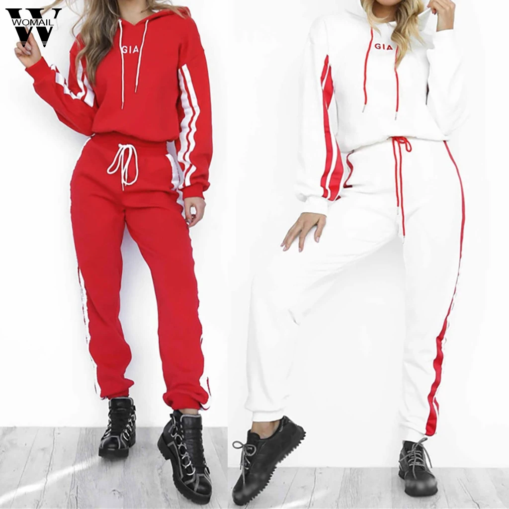 

Womail Sweatshirts Women's Fashion Letter Splice Lacing Pants Long Sleeve Hooded Tops Sweatshirt Set Sudadera Autumn Sweatshirt