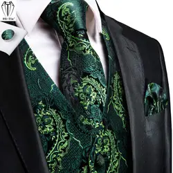 Hi-Tie Silk Mens Suit Vests Green Floral 4PC Woven Waistcoat Tie Pocket Square Cufflinks Set Business Wedding Dress Waist Jacket