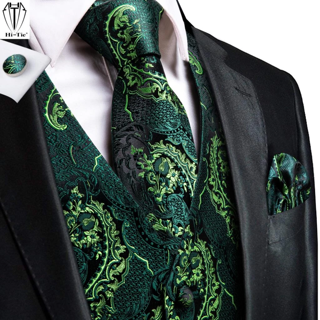 sport coat Hi-Tie Silk Mens Suit Vests Green Floral 4PC Woven Waistcoat Tie Pocket Square Cufflinks Set Business Wedding Dress Waist Jacket men's blazers