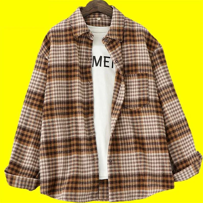 

Woolen Plaid Shirts Womens Office Work Blouses Loose Long Sleeve Lady Tops Checked Female Clothes Outwear With Pocket 2021 New