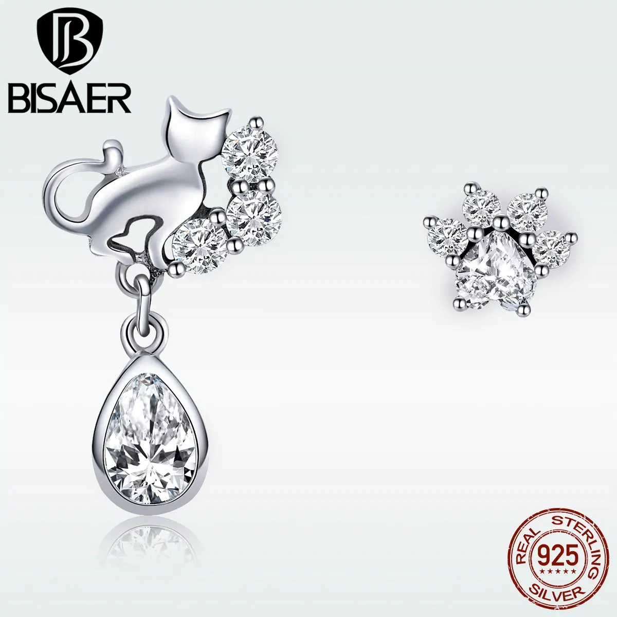 BISAER, серьги для женщин, 925 пробы, серебро, прозрачная капля воды Фианит, кошка, асимметричные серьги-гвоздики, модное ювелирное изделие, серьги GXE424