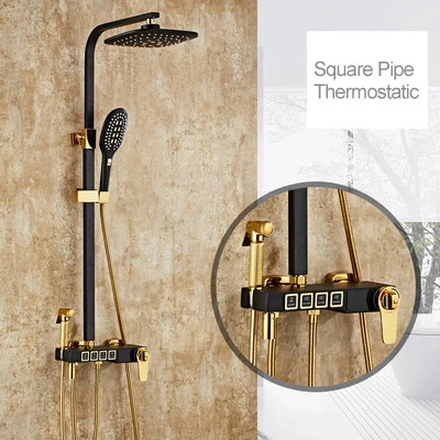 Thermostatic Душевой набор для ванной светодиодный светильник черная система дождевой воды ЖК-экран полный душевой комплект настенный массажный дождевой термостатический смеситель - Цвет: Thermostatic