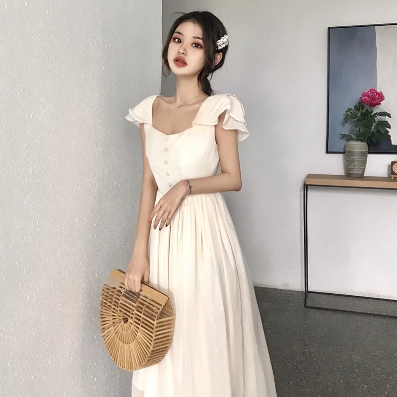 

2019 Spring And Summer French Retro Small off-Shoulder Flounced Sleeves Gloss Formal Dress Long Holiday One Piece