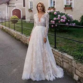 

Full Lace V-neck Sweep Train Long Champagne Sexy Boho Cheap Wedding Dresses 2020 Zipper A-line Regular Robe De Mariee Plus Size