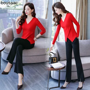 

Temperament suit women's 2018 new autumn knit long sleeve slimming jacket wide leg pants fashion goddess two-piece set