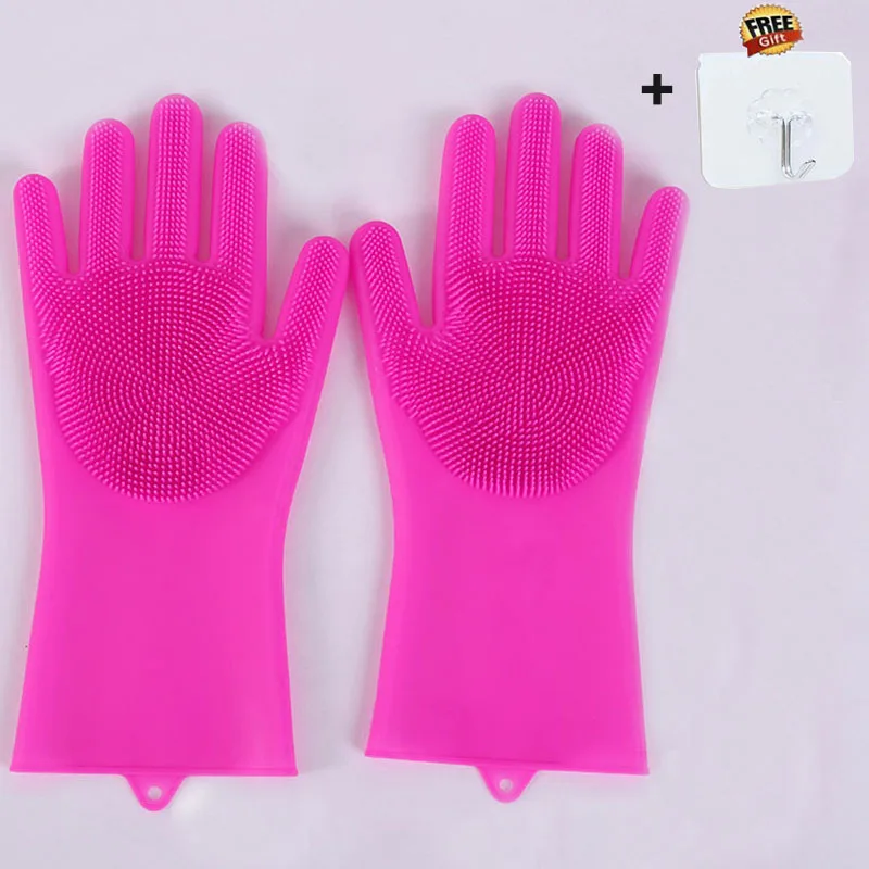 1 пара силиконовых чистящих перчаток, кухонные аксессуары, не болят руки, перчатки для мытья посуды, бытовые скрубберы, кухонные чистящие инструменты - Цвет: Rose Red