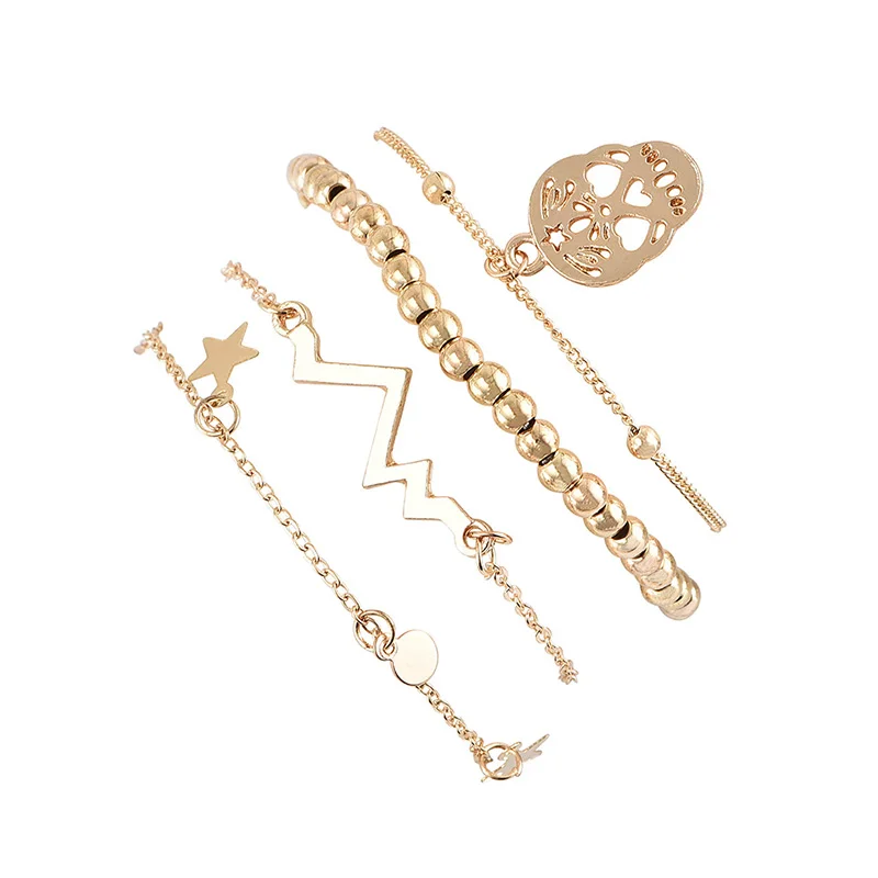 4 шт./компл. женские модные браслеты в стиле ретро с черепом сердцебиение геометрические звезды бисером золотой браслет набор девушки пляжные украшения Аксессуары