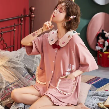 

2020 Fast Shipping Cotton Women's Pajamas Summer Pyjamas Cartoon Sleepwear Sexy Home Clothes For Women