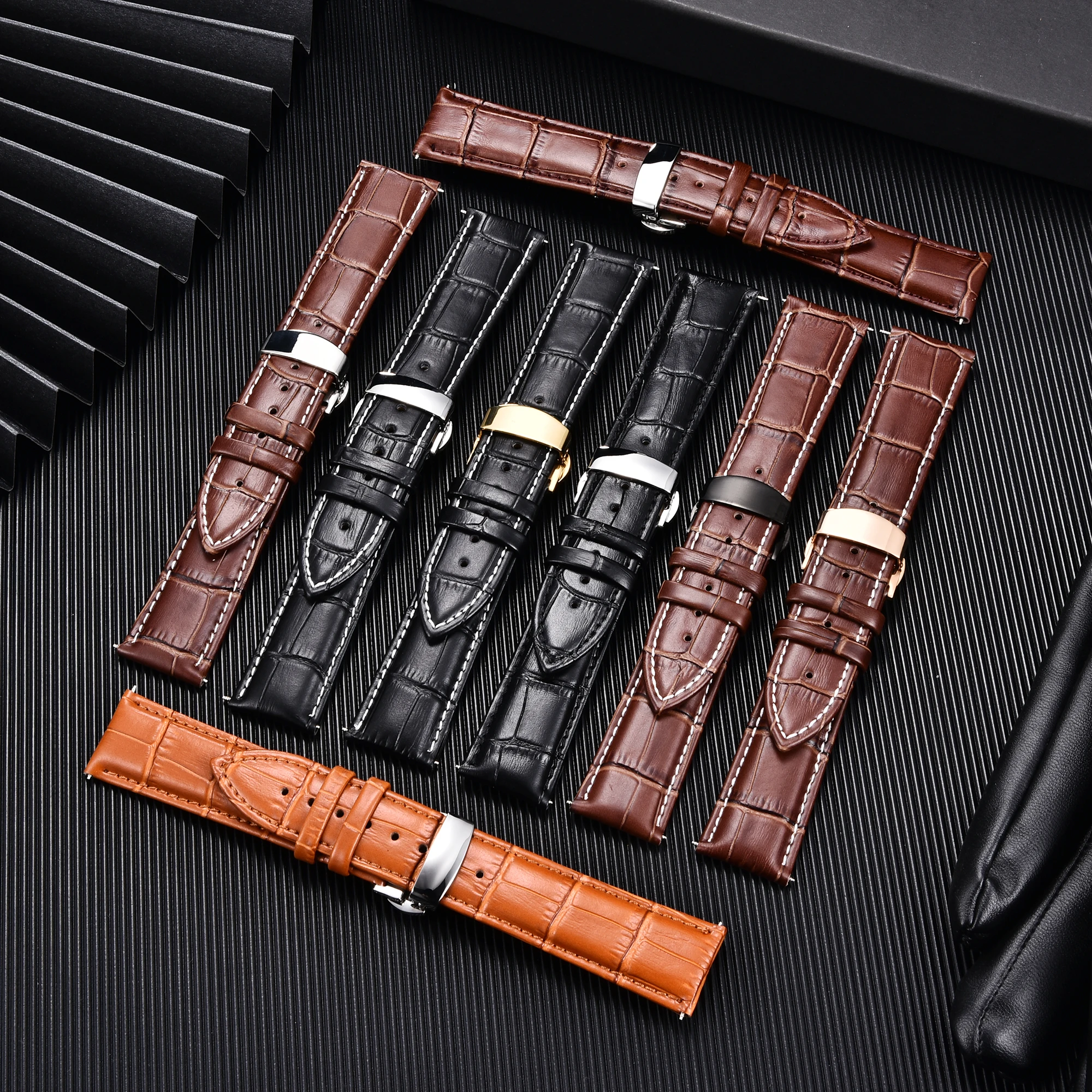 Premium Genuine Leather Watchband with Butterfly Buckle - Elegant Men's Strap Accessory