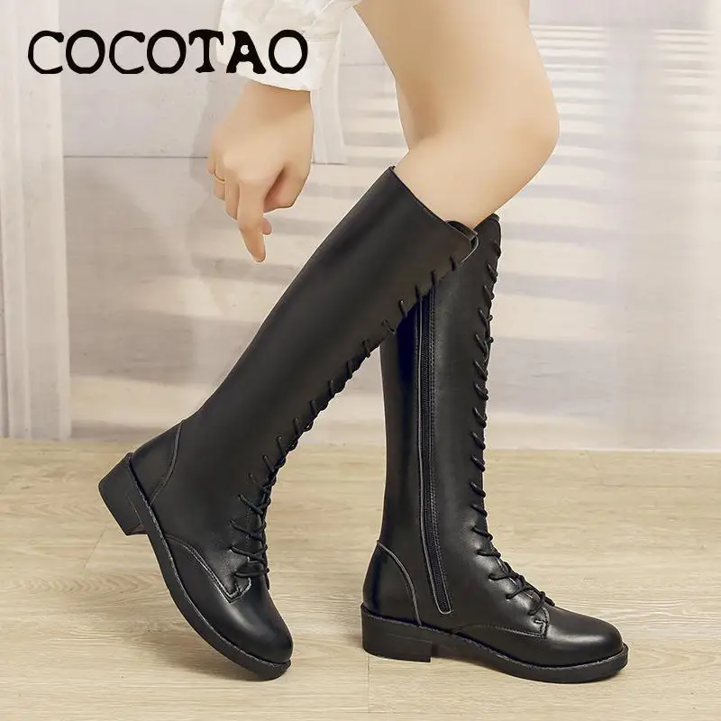 

Lace-up Boots Female 2019 New Autumn And Winter Days With High Leather Riding But Knee Leather Face Low With Little Knight Boots