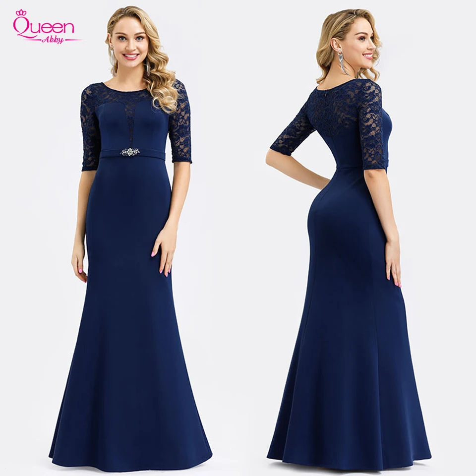 

Evening Dress Mermaid Navy Blue Gowns Elegant with Belt Lace Appliques For Evening Party Gowns