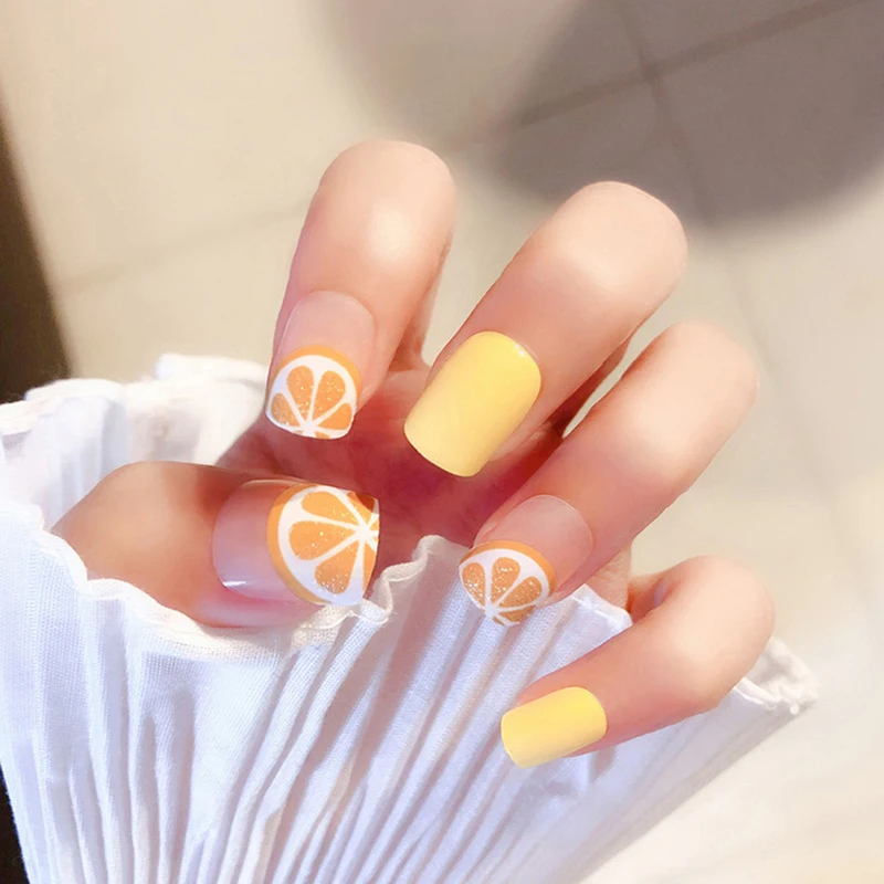 24 шт., квадратные накладные УФ-гелевые накладные ногти для ногтей с желтыми фруктами, французские накладные ногти для девочек, полное покрытие, кончики для ногтей