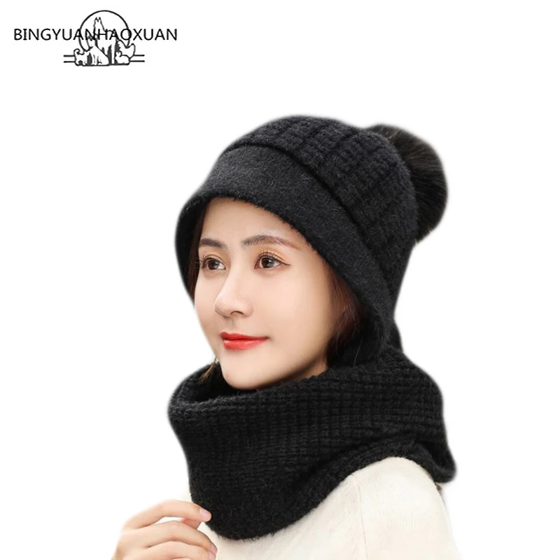 

2019 Autumn Winter Women Knitted Hat Warm Wool Scarf Thick Windproof Balaclava Multi Functional Hat Scarf Set For Women