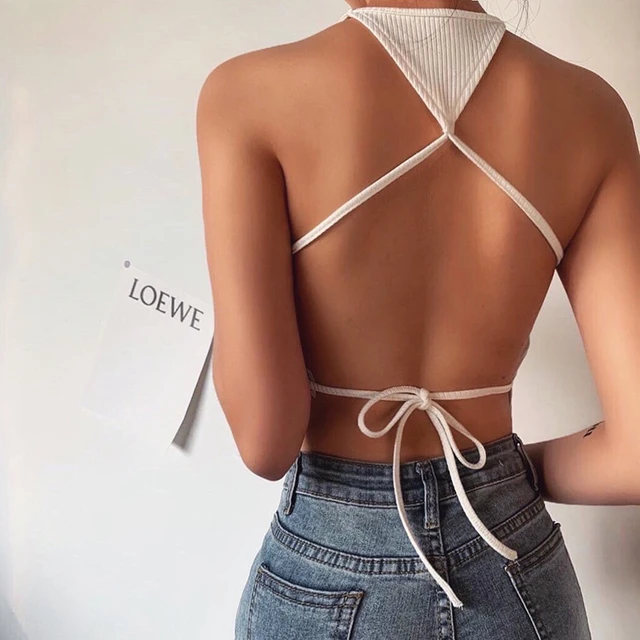 Woman's Patent Leather Cut Out Wrap Crop Top Bra Backless Tank