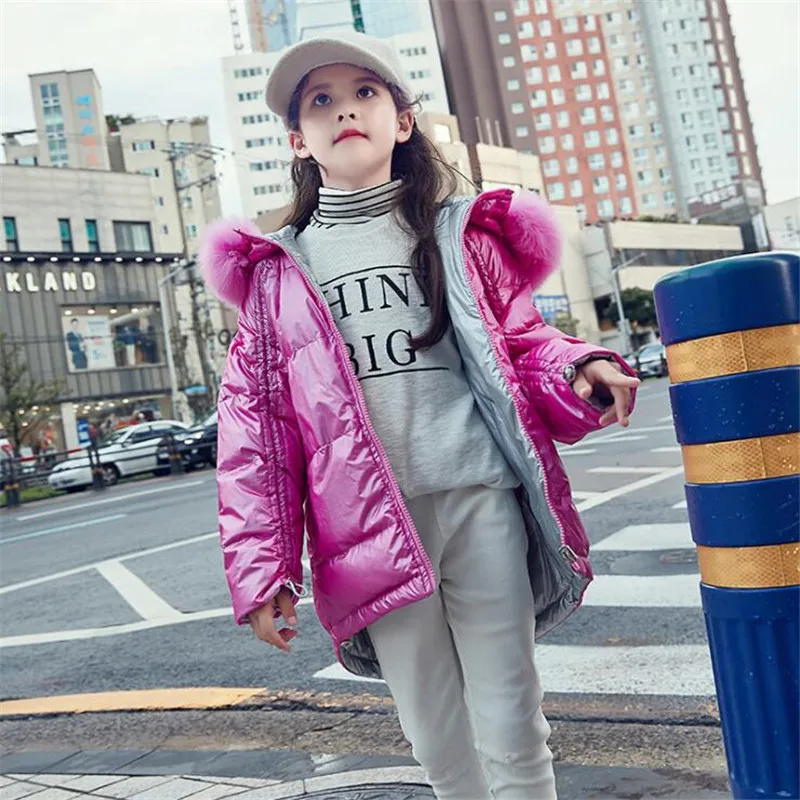 Winter Children Down jackets Hooded Fashion Fur collar solid color girl's down outerwear clothing kids jacket coats - Цвет: Red